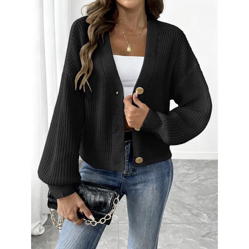 Женский вязаный свитер Женский осенне-зимний новый стиль Простой короткий кардиган-свитер с золотыми пуговицами S чёрный