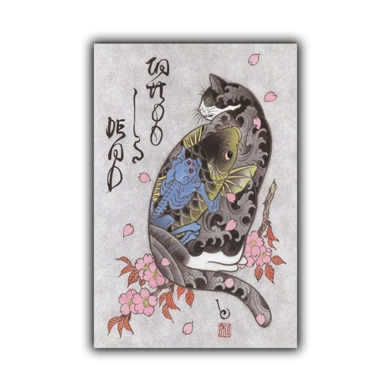 Retro Art Poster Japanese Style Funny Tattoo Pattern Cat Pictures Canvas Print Living Room Wall Art Corridor Home Decor Painting