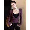 Chic Lace Splice V-Neck Slim Fit Long-Sleeve Two-Piece Top for Early Spring