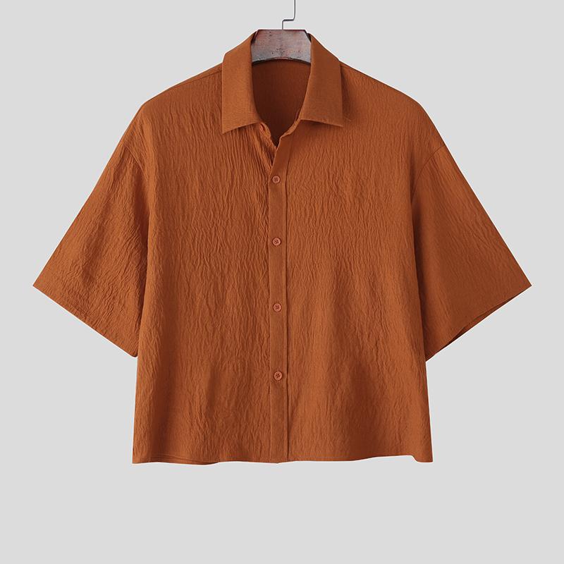 INCERUN Oversized Men Lapel Neck Short Sleeve Cropped Casual Loose Shirts