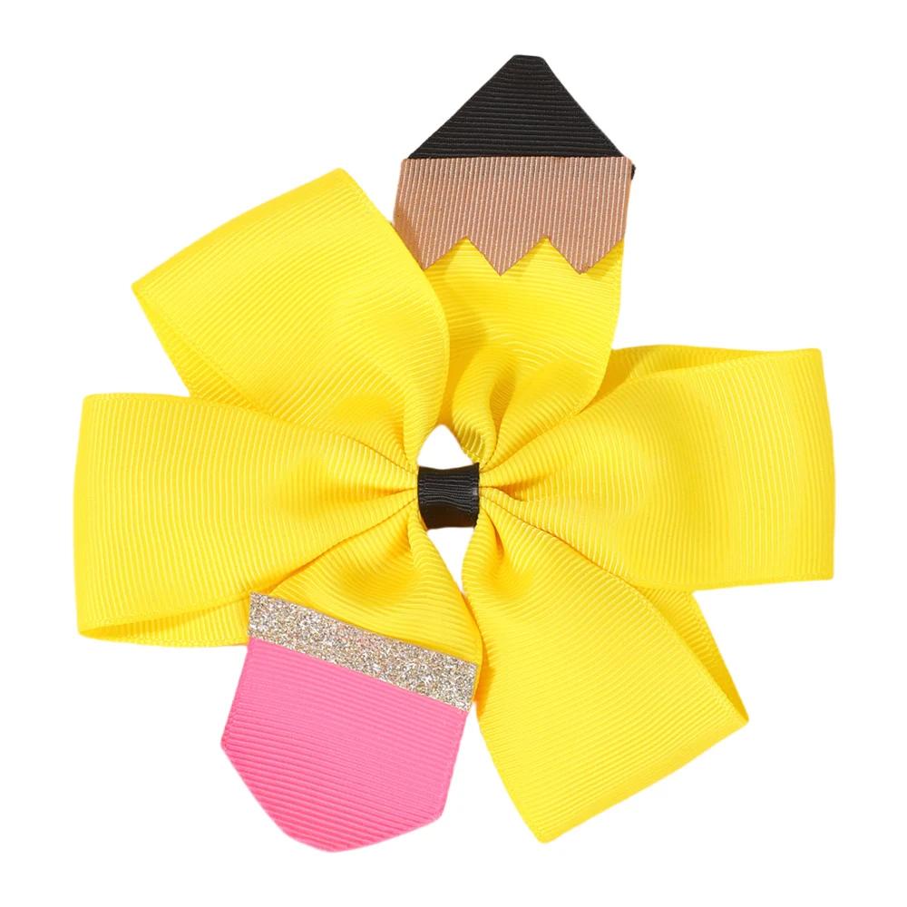 

4.92 Блестящие бантики для волос с карандашом для девочек, детей, обратно в школу, ручной работы, многослойные бантики-заколки, заколка для волос, милый головной убор