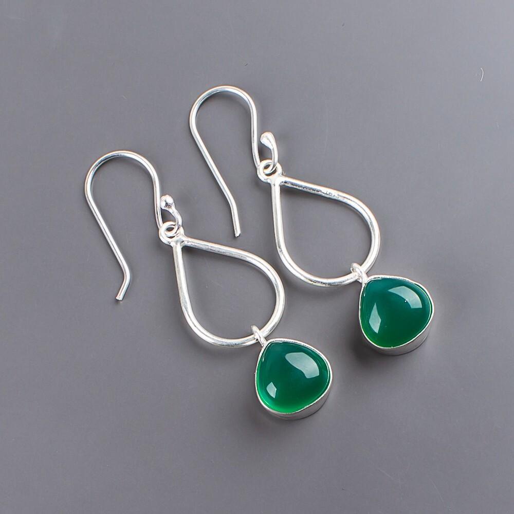 Grüner Onyx Cabochon Edelstein 925 Sterling Silber Schmuck Handgefertigte Boho Ohrringe 1,90" EE-19-28