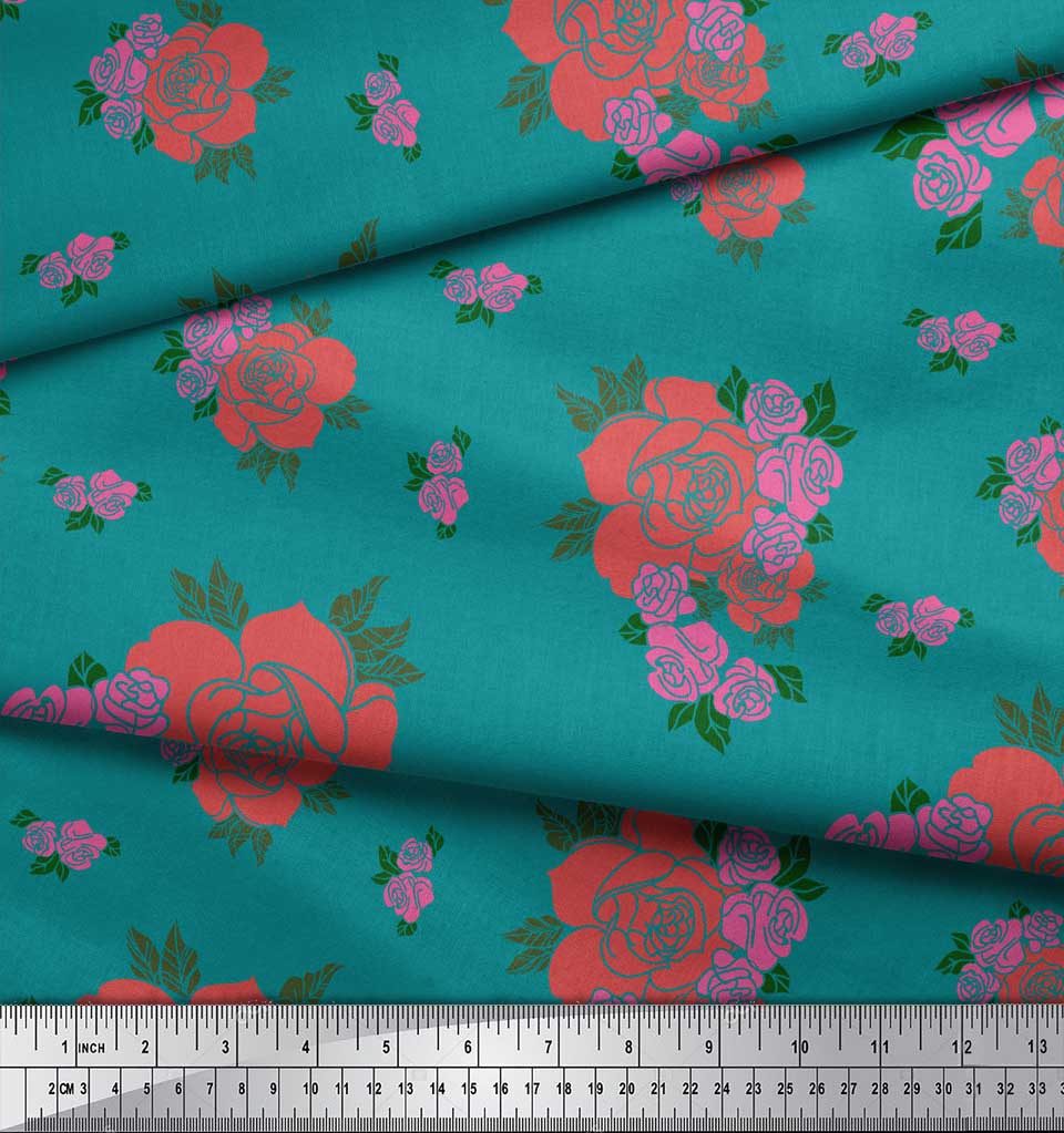 Soimoi Black Japan Crepe Satin Fabric Leaves & Rose Floral Fabric Prints Meter 42 Inch