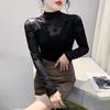 Half Turtleneck Base Blouse for Women with Long-sleeved T-shirt In The Winter Sexy Mesh Heavy Beaded Top