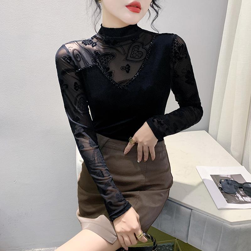 Half Turtleneck Base Blouse for Women with Long-sleeved T-shirt In The Winter Sexy Mesh Heavy Beaded Top