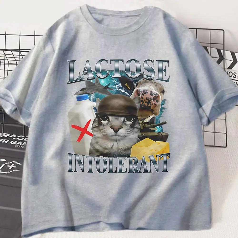 

Lactose Intolerant Funny Cat Meme Print TShirt Women Retro Short Sleeve Fashion Harajuku Kawaii Tshirt Womens Y2K Clothing S