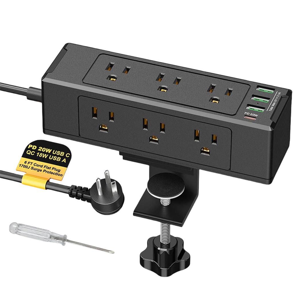 Desk Power Socket Removable Clamp Socket with USB C Desk Clamp Power Strip 6 Outlet Desktop Mount Power Station