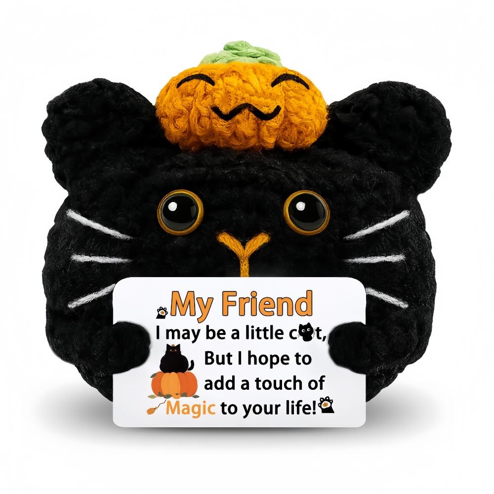 Handmade Pumpkin Cat Dolls Funny Positive Emotion Cute Crochet Mini Pocket Dolls with Card Home Decor Party Gift Ornament