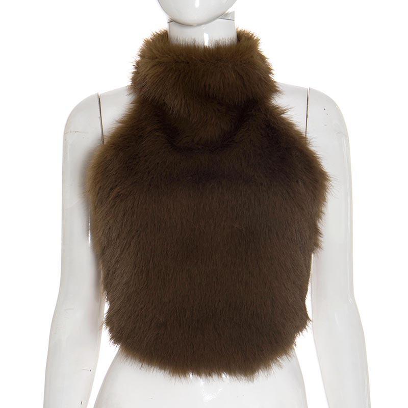 

European and American Style Glossy Fur High Neck Backless Halter Top - Winter 2025 Edition Large коричневий
