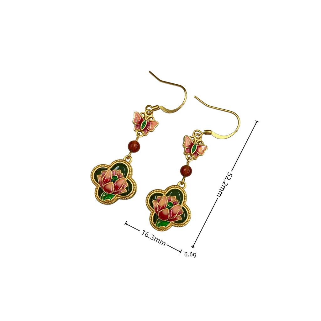 Guochao Retro Enamel Painted Butterfly Love Flower Butterfly Earrings Women'S New Chinese Style Cheongsam Light Luxury Advanced Sense Ear Hook
