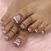 White French Tip Rhinestone Crown Toenail Set with Five-Petal Flower Design