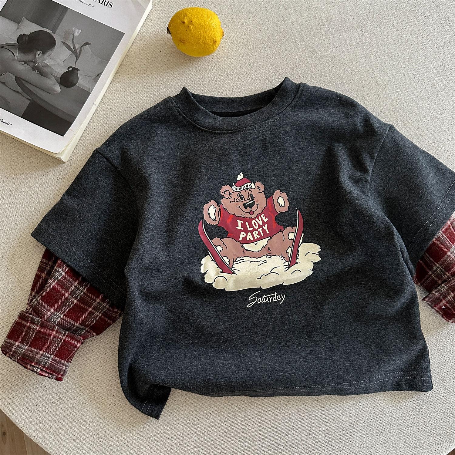 Boys Long Sleeve Cotton Plaid Fake Layer T Shirt for Spring Autumn 80