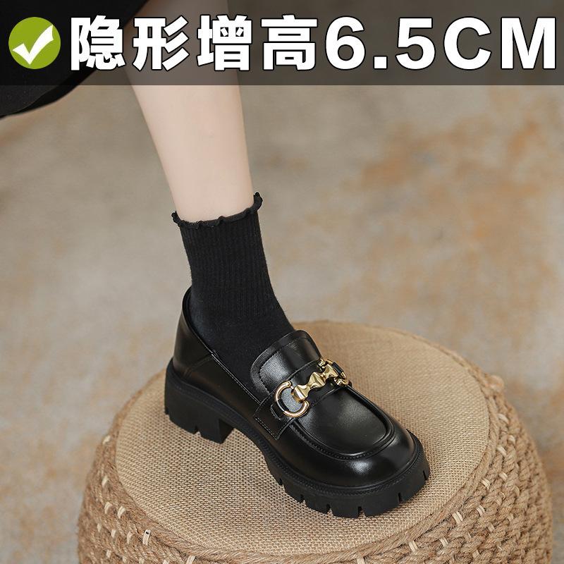 Inner height increase Small black female British metal buckle Small leather shoes Platform Doudou single shoes