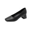 2025 Women's Black Soft Leather Square Toe Chunky Heel Formal Work Heels for Professional Attire