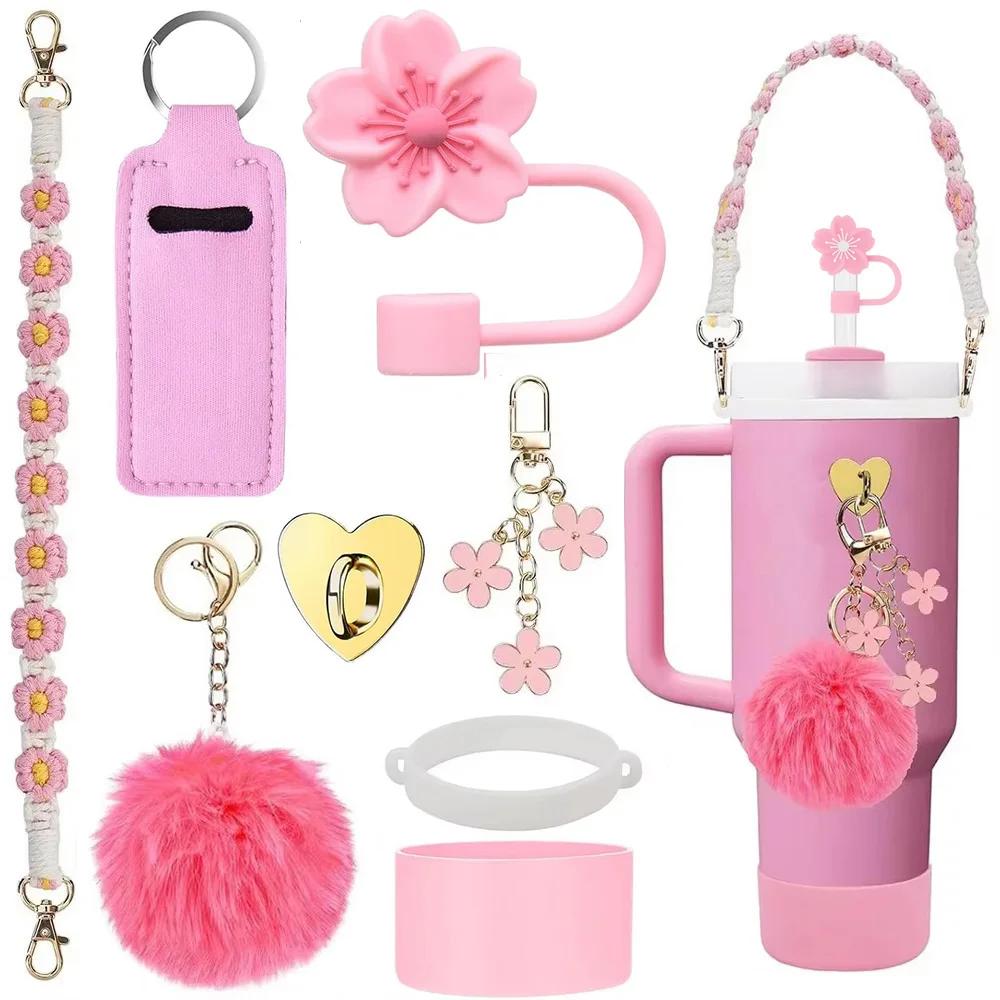 Set di 7/8 Pezzi di Accessori per Tazze per Stanley Cup Inclusi Manico Cinturino Base in Silicone per Tazza Copri Cannuccia Ciondoli per Bicchiere da 40oz 30oz