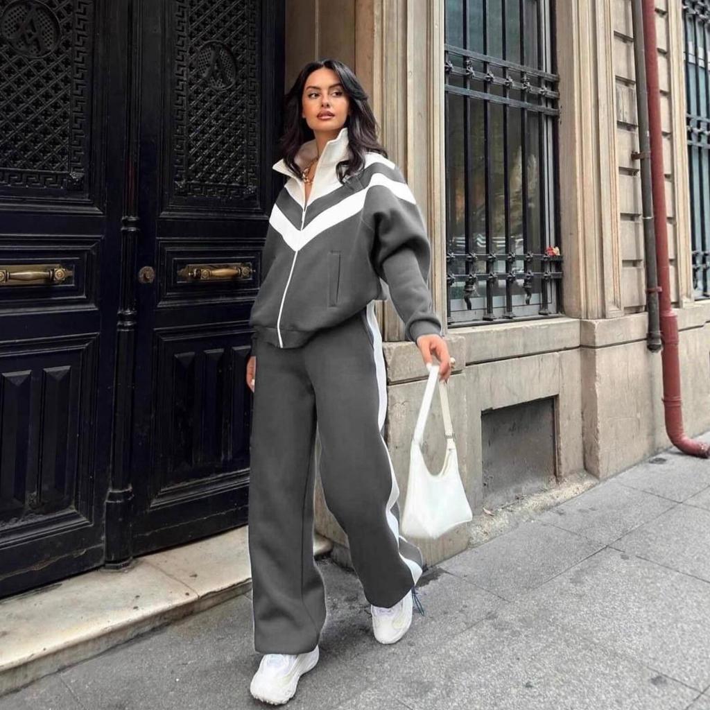 2026 Modisches Colorblock Reißverschluss Hoodie und Jogginghose Set Damen Lässig Sportlich Trainingsanzug 2-teiliges Outfit