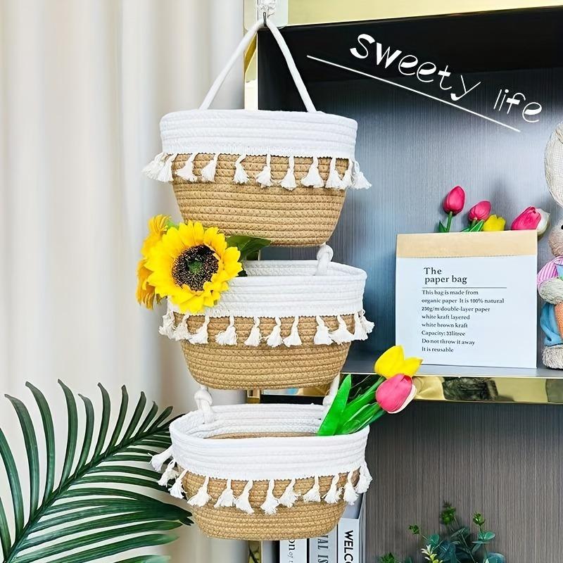 1pcs Handwoven 3-Tier Double Tassel Hanging Basket Wall-Mounted Storage Organizer Woven  Basket for Bathroom Kitchen Bedroom