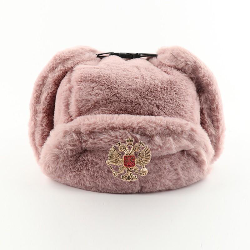 Warm Winter Military Style Earflap Hat Men Women With Embroidered Soviet Emblem Faux Fur Lined Outdoor Cap