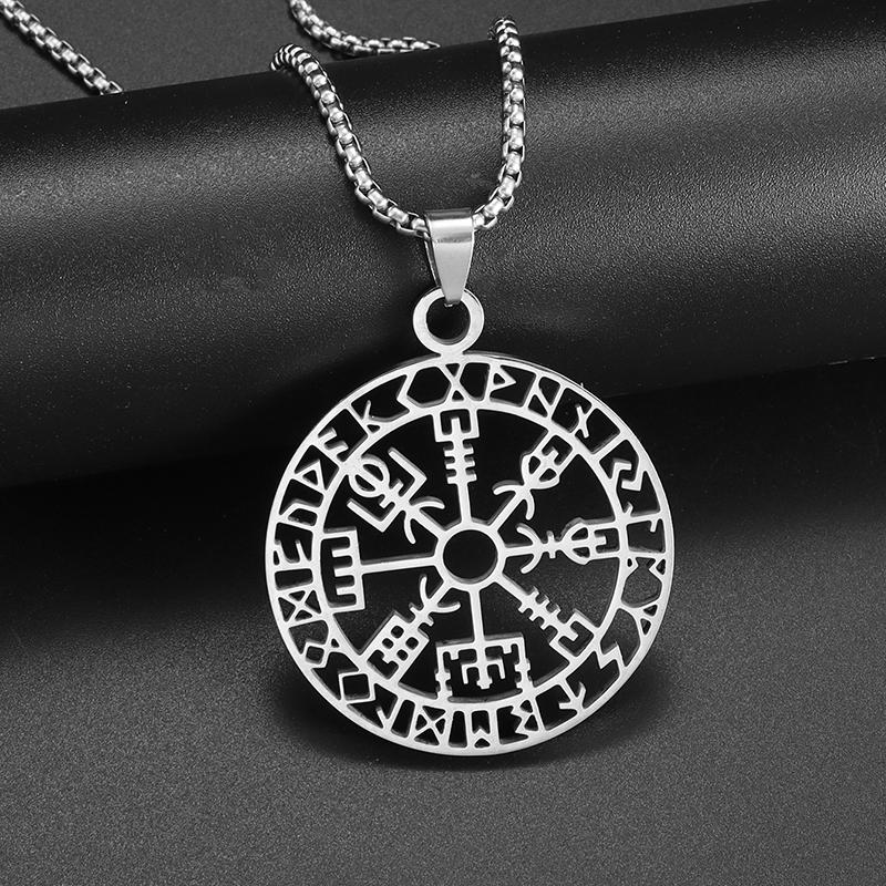 Stainless Steel Vintage Nordic Rune Compass Necklace Men Fashion Trend Amulet Nordic Jewelry