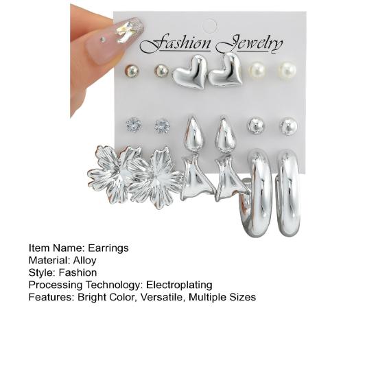 9 Pairs Stud Earrings Bright Silver Mirror Polished Hearts Snowflake Cubic Zirconia Faux Pearls Geometry Design Ear Studs