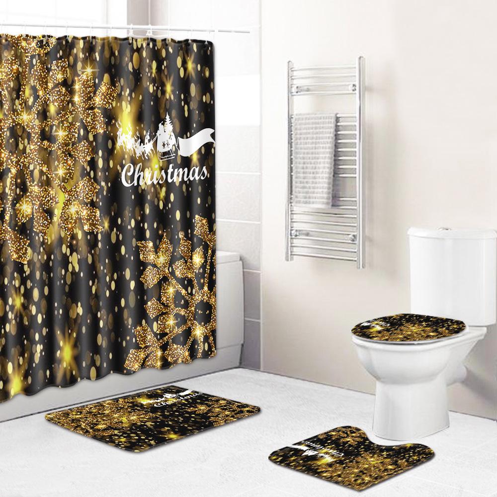 Christmas Shower Curtain Floor Mat Combination Four-Piece Set Kitchen Door Mat Bedroom Living Room Carpet