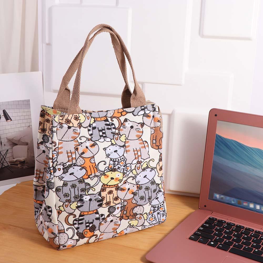 Storage Bag Cartoon Lunch Bags Cat Pattern Canvas Handbag Casual Portable Mommy Bag Streetwear