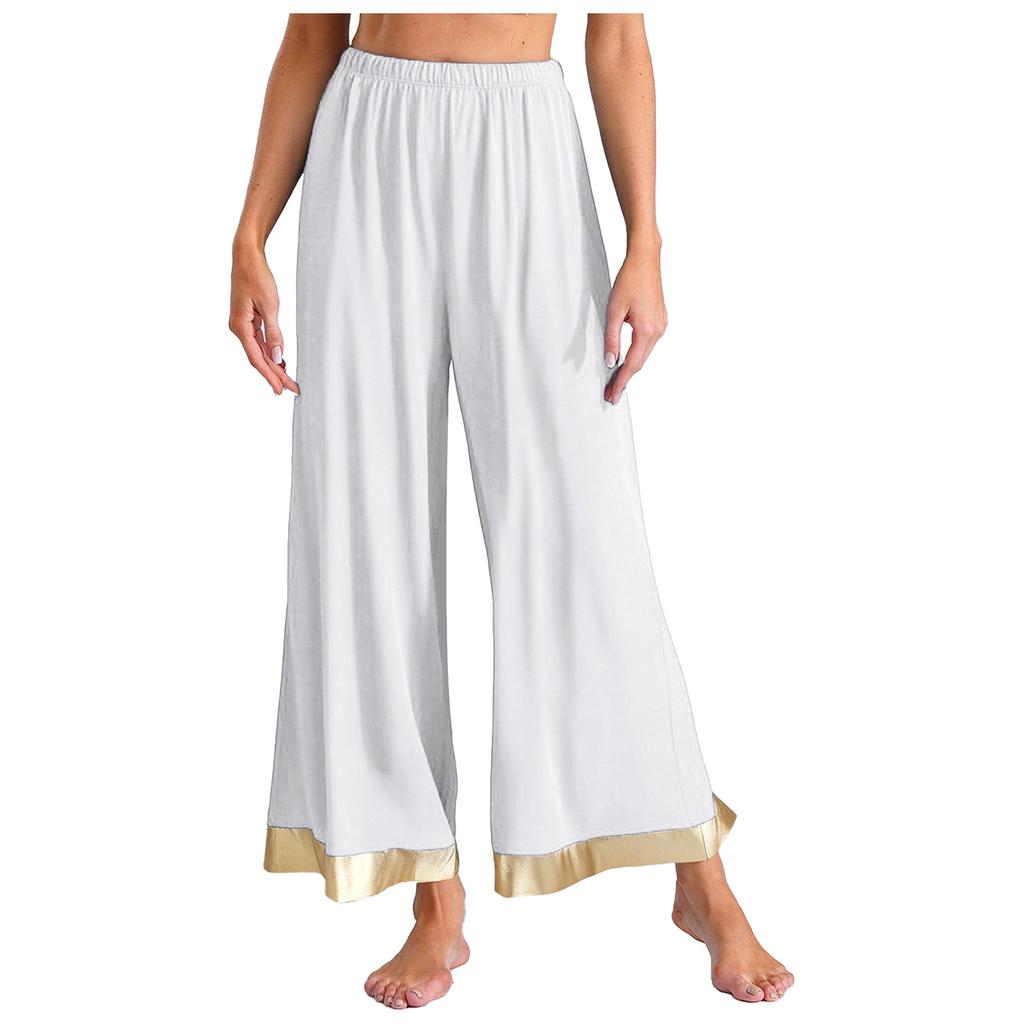 Womens Worship Praise Dance Pants Elastic Waist Metallic Shiny Trim Wide Leg Pants Loose Trousers