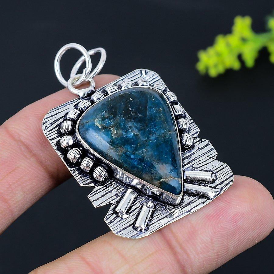 Neon Blue Apatite Gemstone Handmade 925 Sterling Silver Pendant 2.01" A7f99