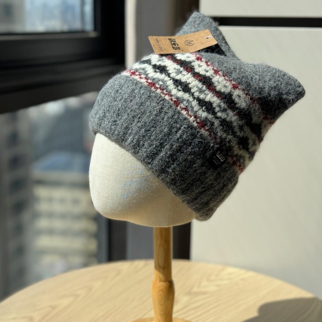 New Fair Isle Style Cat Ear Hat for Women Autumn and Winter Warm and Cute Knitted Hat Ancora Red Ear Protection Woolen Hat