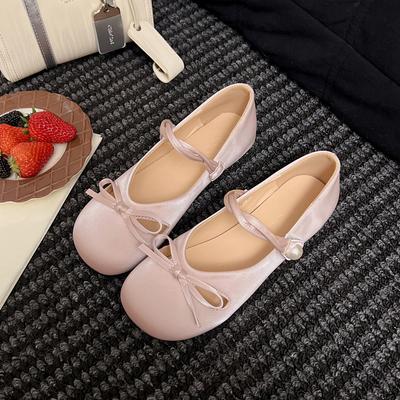 Sapatos Mary Jane Femininos 2025 Primavera Outono Nova Moda Nó de Borboleta Decote Redondo Raso Salto Médio Sapatos Senhoras Elegantes Bombas Simples