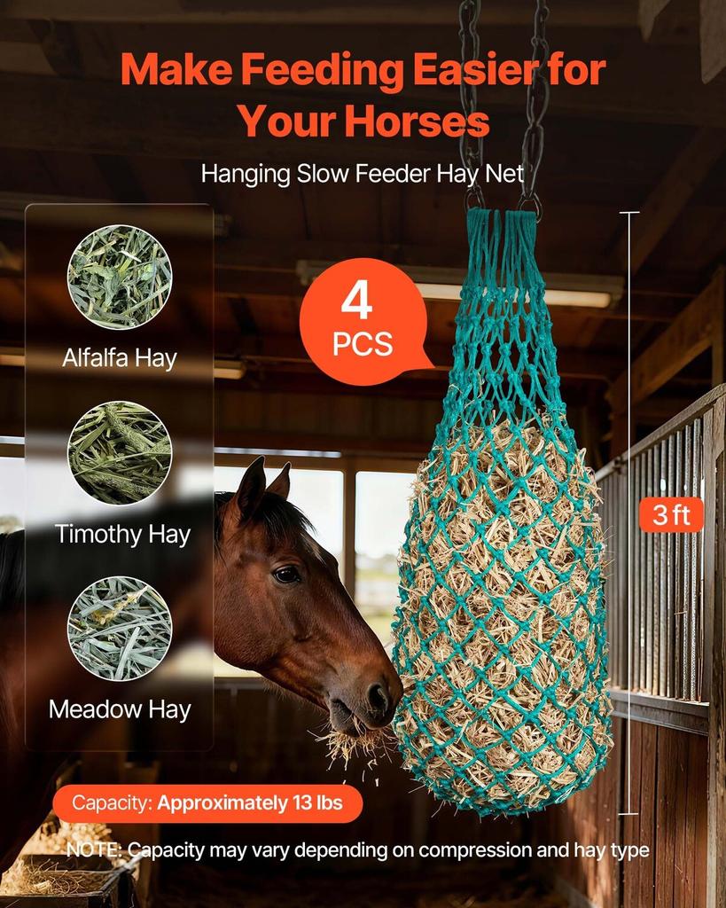 Hay Nets for Horses, 4PCS, 0.9 m Extended Length, 38 x 38 mm Holes, PE Material, with Four Carabiner Hooks, Hanging Slow Feed Hay Nets for Horses,