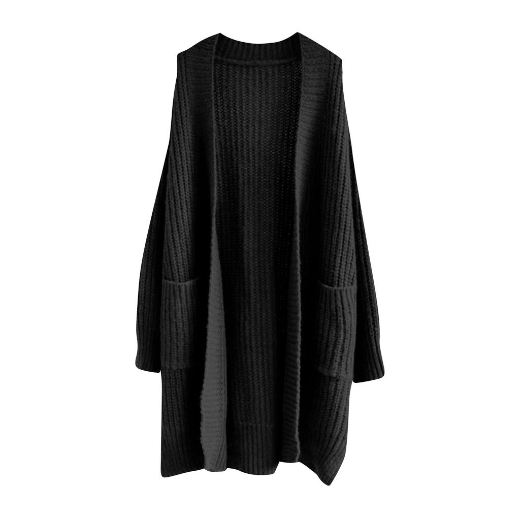 Women's Solid Color Long Sleeved Knee Length Knitted Cardigan, Lazy Trend, Medium Long Hair Jacket