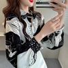 Women's Printed Shirt Slim-fit Lantern Sleeve Floral Shirt Collared Chiffon Shirt Spring