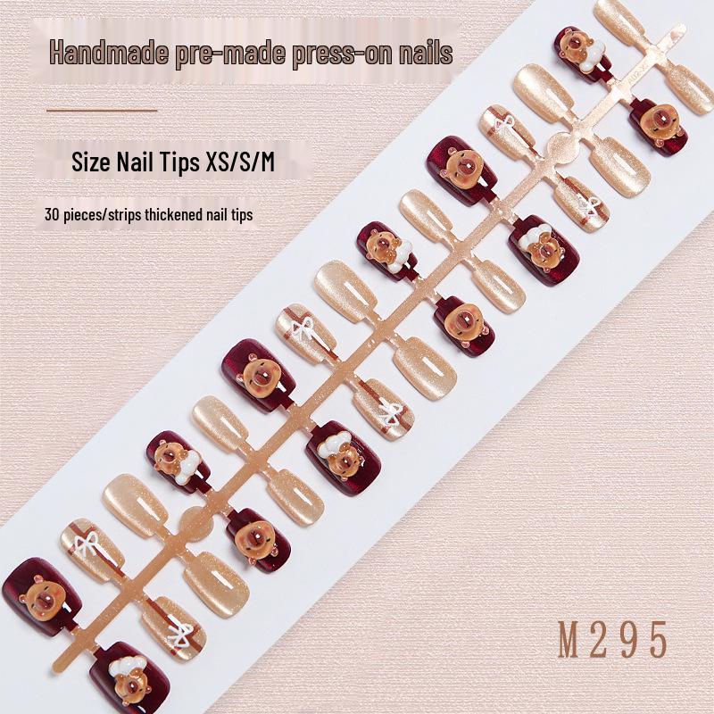 

Cute Snooze Bear Cartoon Nail Art - Short Student Press-On Tips for Kids