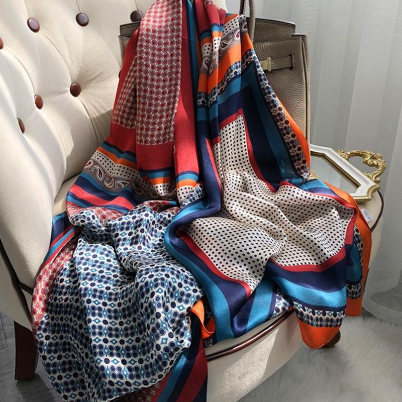 

Многослойный шелковый шарф Женский весенне-осенний универсальный в горошек с принтом кешью Длинный шарф-шаль из тутового шелка 65X180CM