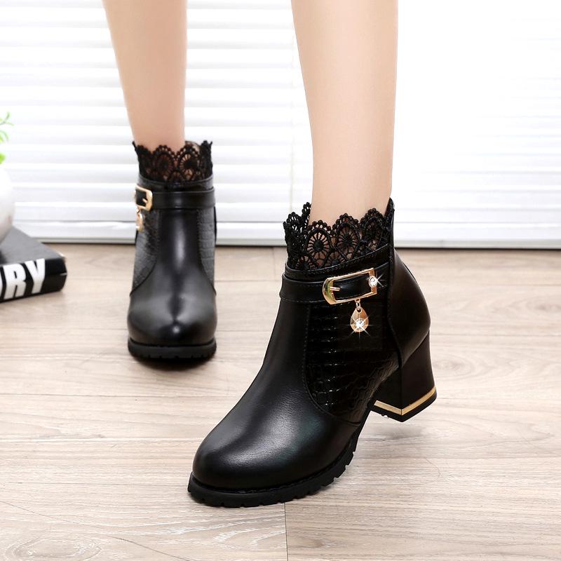 Autumn and Winter Martin Boots, High-heeled Women's Short Boots, Thick-heeled Ankle Boots, Sexy Lace Round Toe Women's Shoes