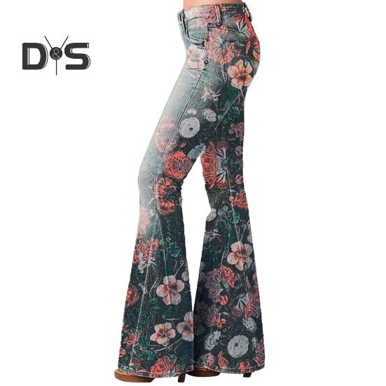 Women Denim Pants High-Waisted Floral Print Flared Jeans with Pockets Belt Ring Lightweight Breathable Jeans