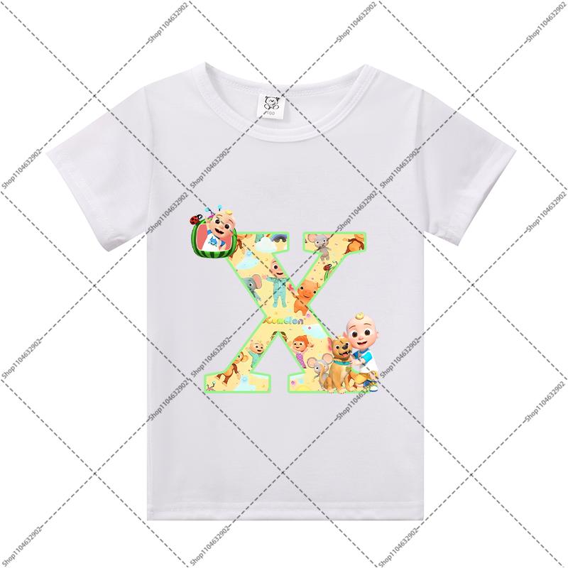 Cocomelons Kids Clothes Cartoon Anime Letter A-Z Print T-shirt Boys Girls Cute Cotton Tee Children Summer Fashion T Shirt Gifts