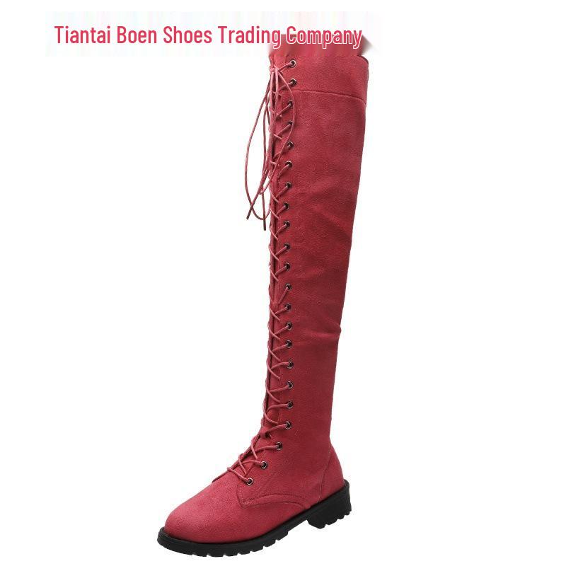 

Европейская и американская мода, ботфорты на шнуровке выше колена на низком каблуке для женщин - коллекция осень/зима 43 розы красного