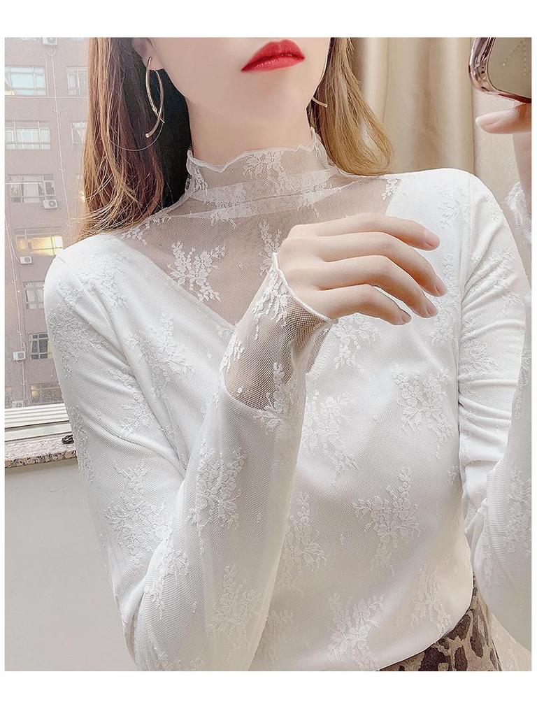Trending Black Lace Base Layer Shirt - Autumn/Winter Plus Velvet Mesh Top for Layering with Sweaters