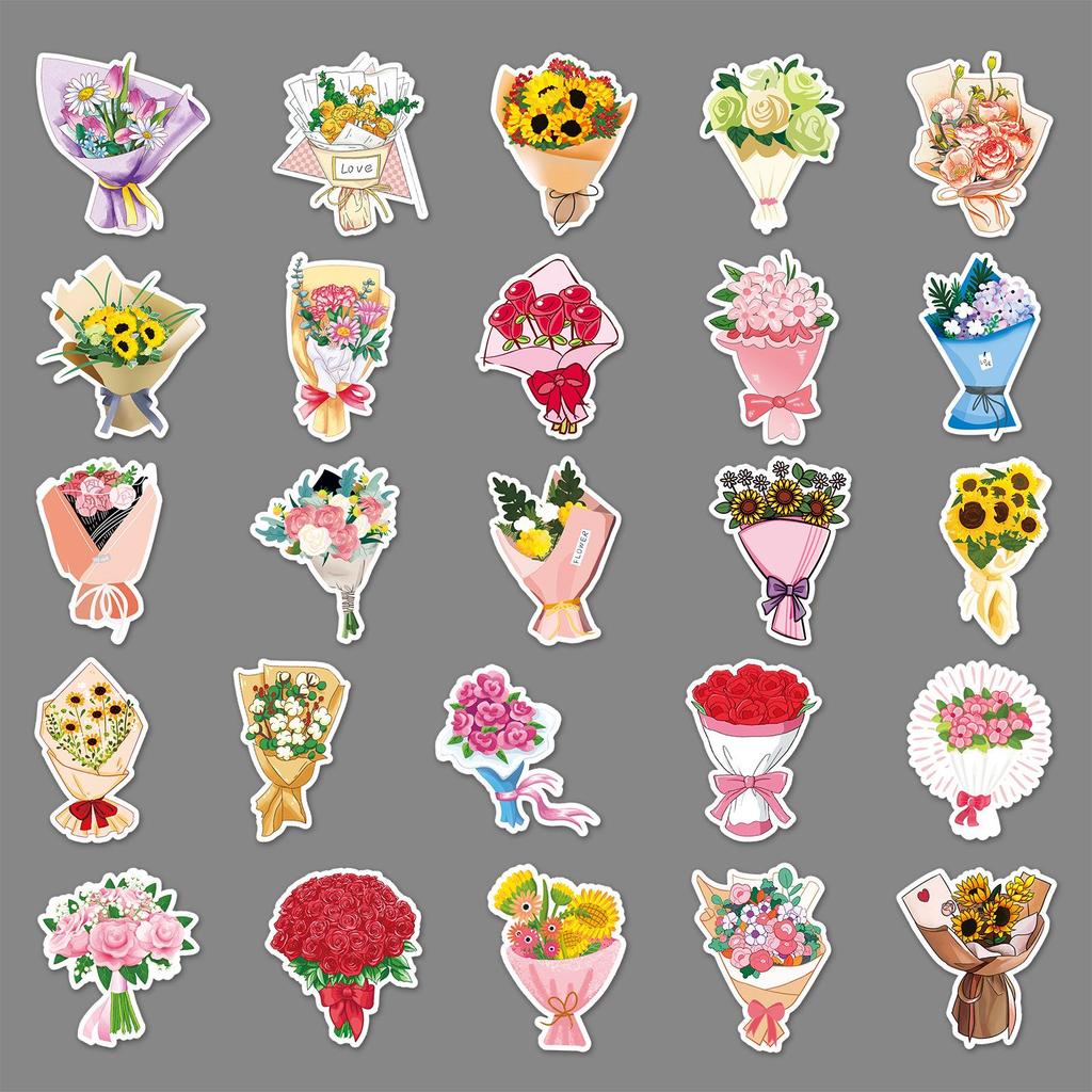 50pcs Cartoon Bouquet Flowers Stickers: Waterproof Decorative Stickers for Suitcases & Notebooks