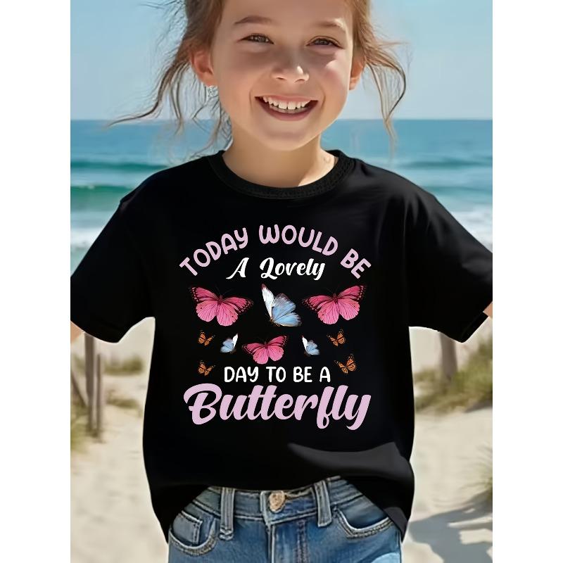 

European sizes A Casual And Stylish Round-Neck T-Shirt for Featuring a Butterfly Letter Pattern And Short Sleeves, Made with Stretchy And Cute Fabric 98cm чёрный