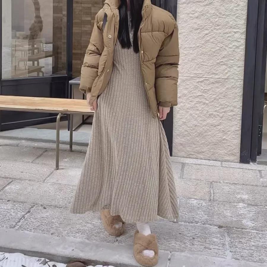 Women's Retro Knitted A-Line Dress: Versatile, Slimming Long-Sleeve for Spring, Autumn, and Winter