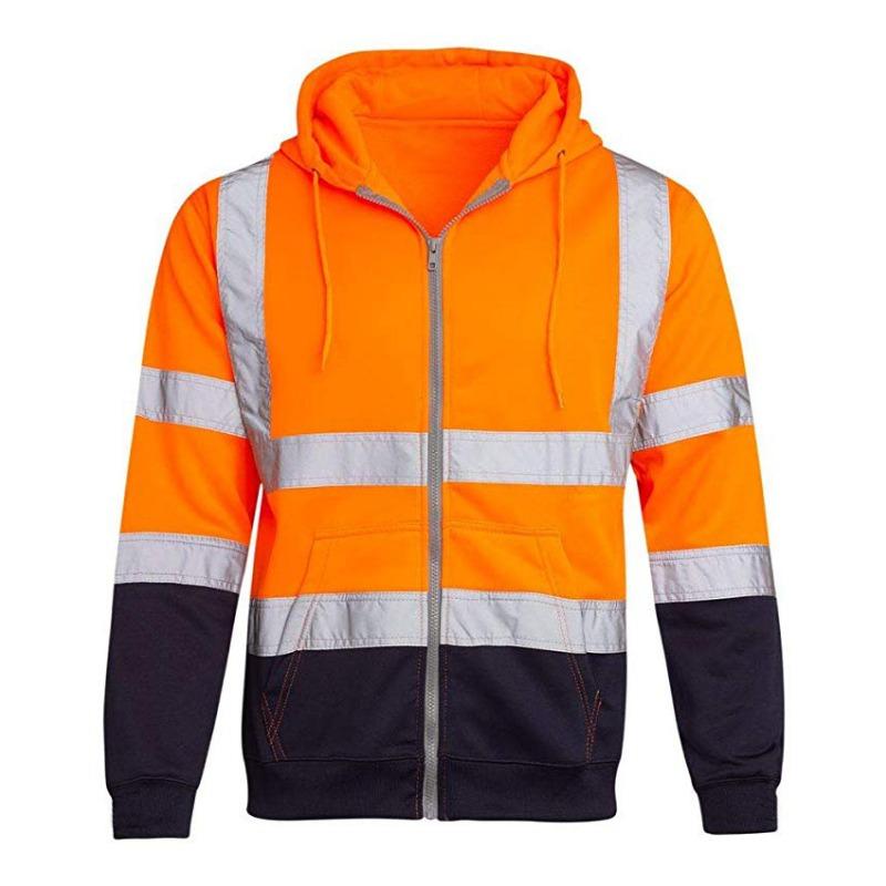 Fleece-lined Outdoor Sanitation Workwear Men's High Visibility Reflective Strip Zipper Color Blocking Hooded Sweatshirts