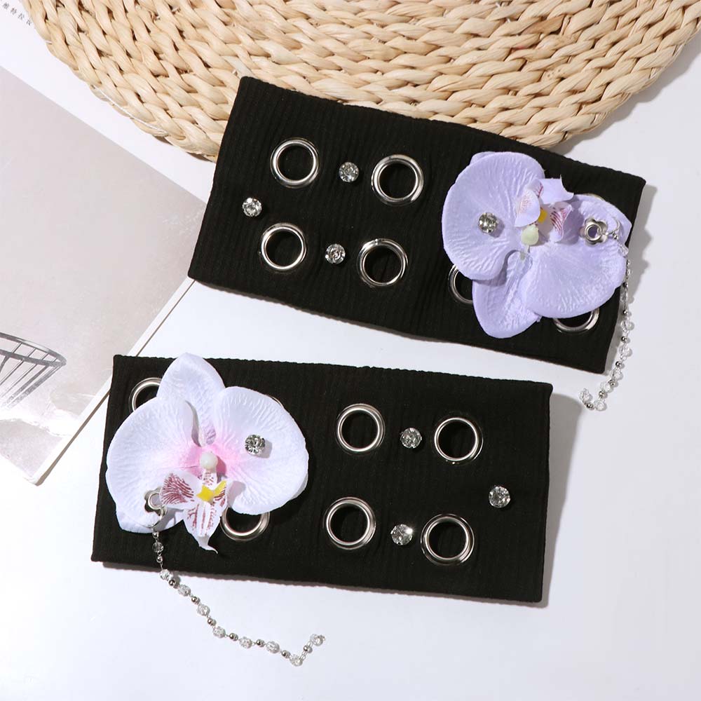 Hibiscus Butterfly Orchid Knitted Hairband Hollow Out Rhinestone Chain Headscarf  Men