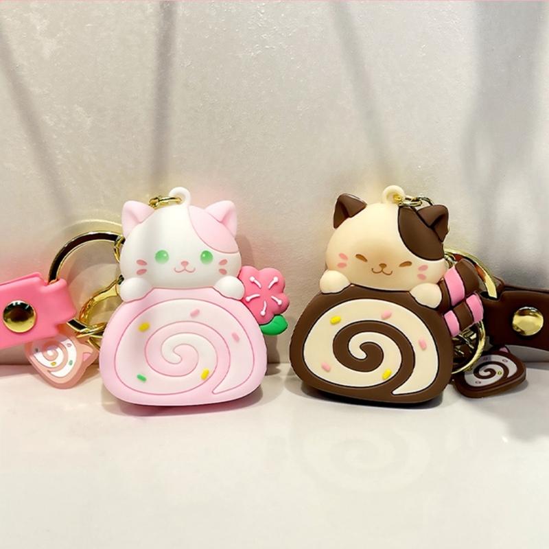 Cartoon Cat Cake Roll Keychain Jewelry Chic Cat Cake Roll Pendant Keyrings Phone Lanyard Key Chain Charm for Bag Purse