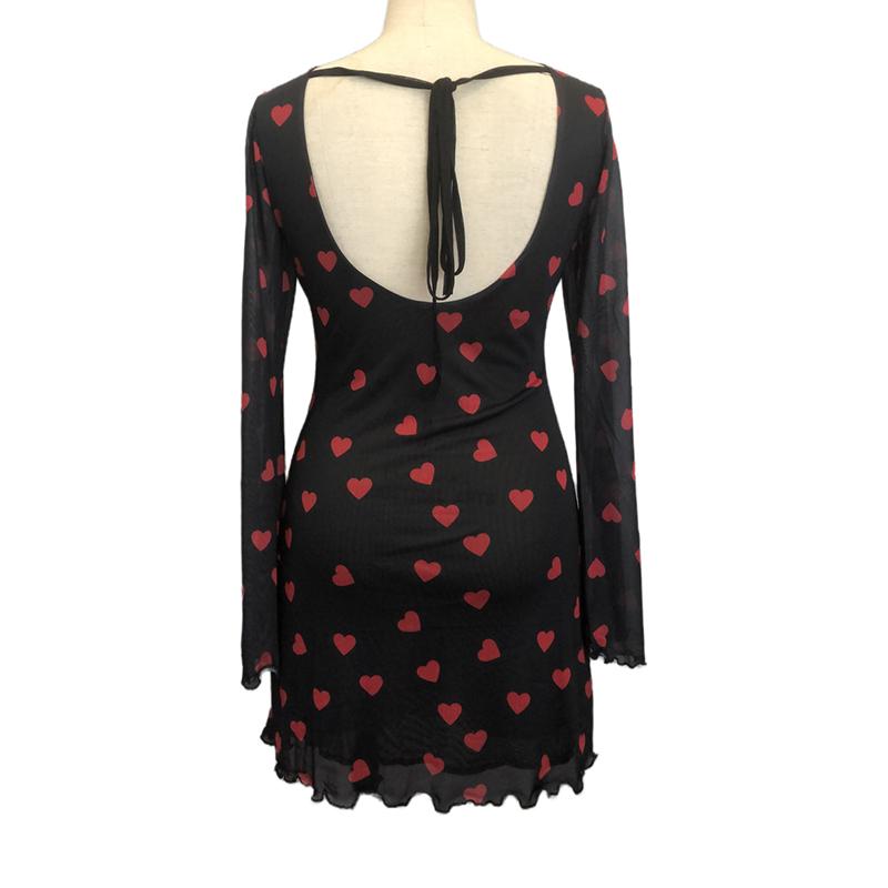 Women Evening Party Flare Sleeve O Neck Bandage Backless Mesh  Love Heart Printed Package Hip One Piece Dress