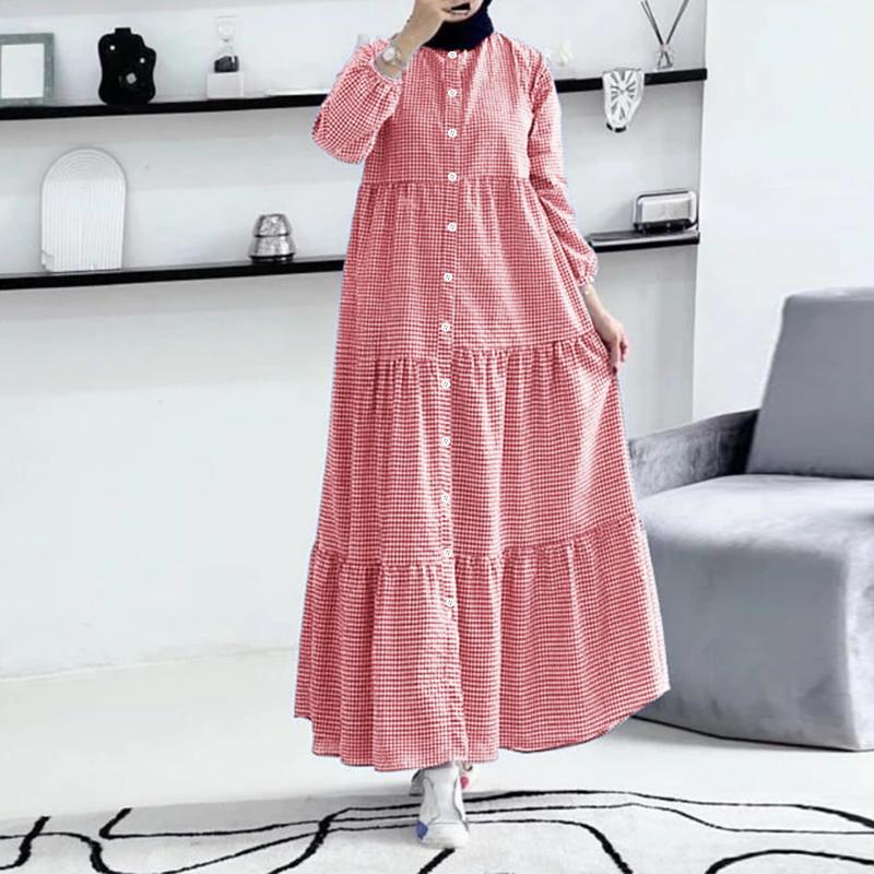 ZANZEA Women Casual Round Neck Long Sleeve Plaid Print Dress