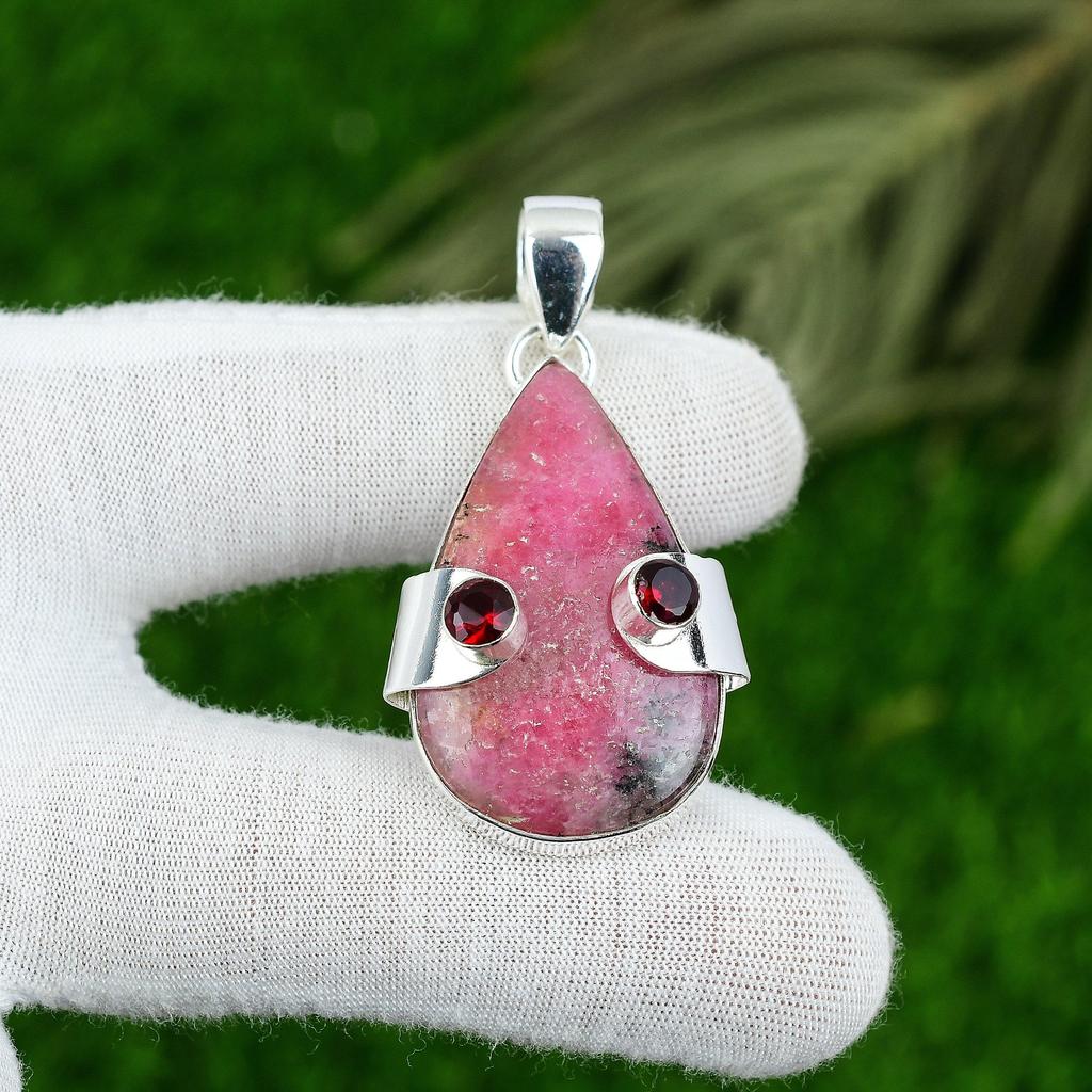 Natural Rhodonite Gemstone Pendant 925 Sterling Silver Indian Jewelry For Women