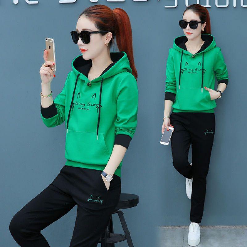 

2025 Autumn Embroidered Hooded Casual White Two-Piece Set - Loose Fit Long Sleeve Korean Style for Women & Students M зелений